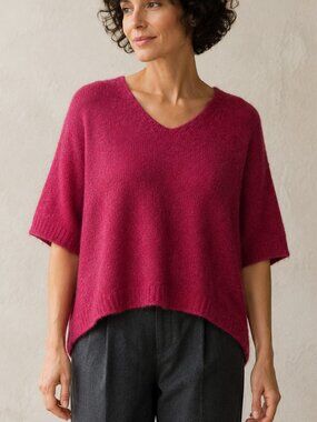 WRAP London Raspberry Pink V-Neck Alpaca Knit Sweater Size 12 US Short Sleeve